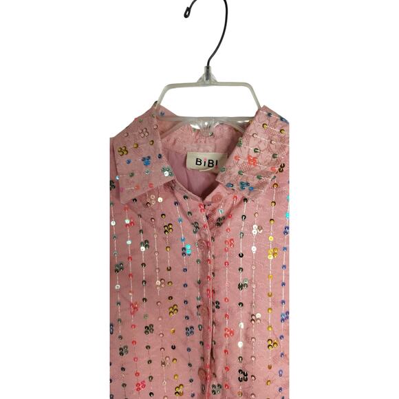 4201) BiBi Blush Pink Sequin Stripe Short Dolman Sleeve Oversize Blouses Small - Picture 4 of 10
